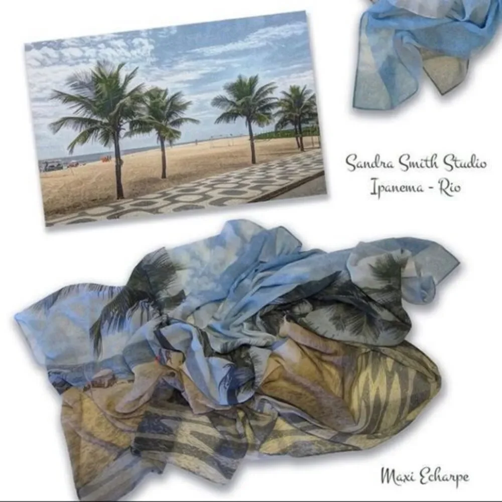 SandraSmith Studio’s Designer Maxi Scarf Rio de Janerio - 50 x72 beach scene